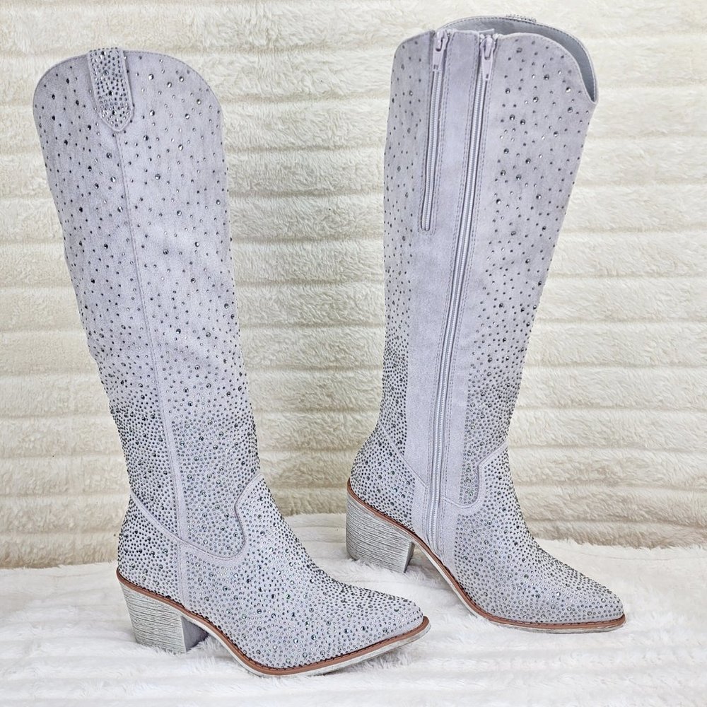 Wild Ones Glamour Cowboy Rhinestone Cowgirl Boots Tuck Zipper Plus Silver Gray - Picture 4 of 13
